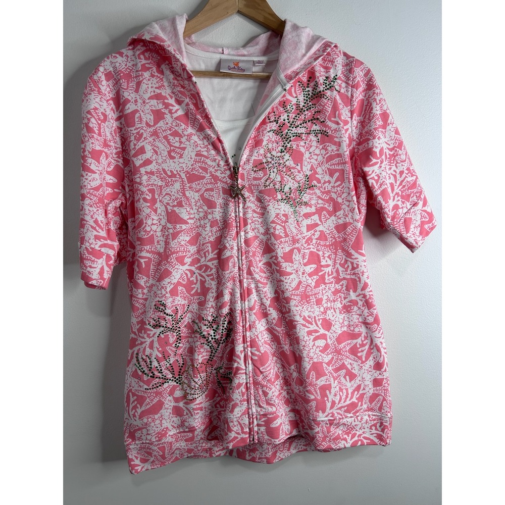 Quacker Factory Pink Starfish Coral Zip Hoodie and Tank Set Womens S Rhinestone